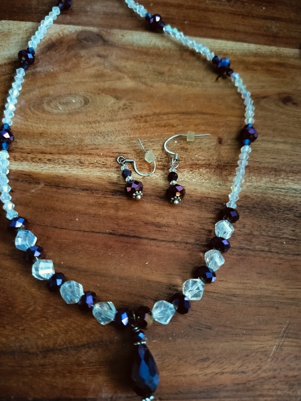 Beaded Crystal Necklace & Earring Set in Deep Purple and Clear